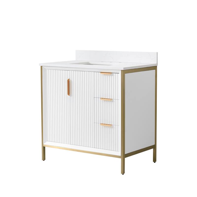 35''H Solid Wood Bathroom Vanity With Carrera White Quartz Top and Sink,White