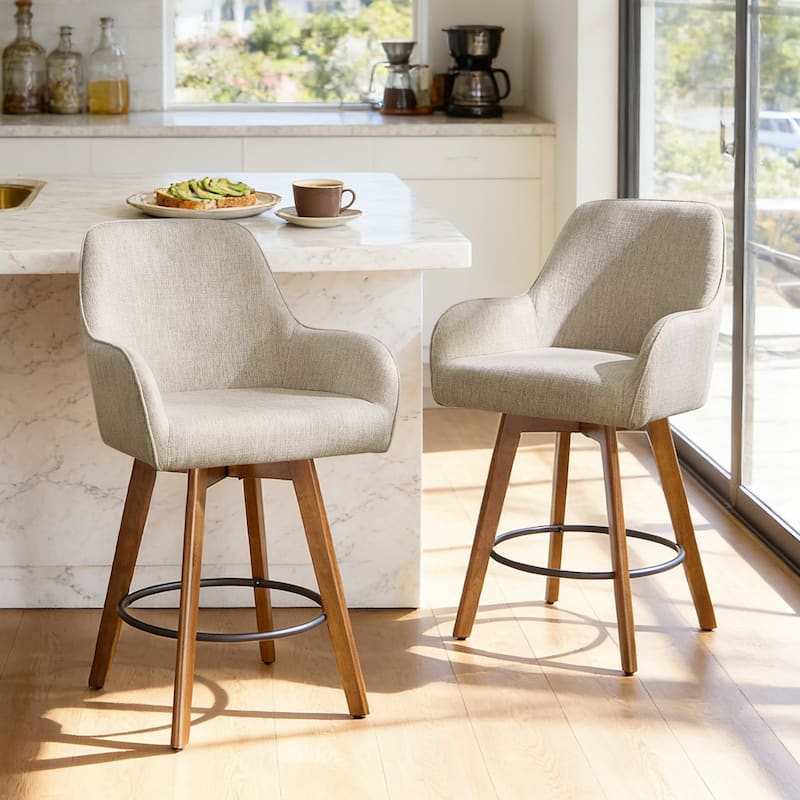 25 Inch Upholstered Swivel Counter Height Bar Stool with Armrests, Solid Wood Legs - 23.6"W x 22.4"D x 40.2"H