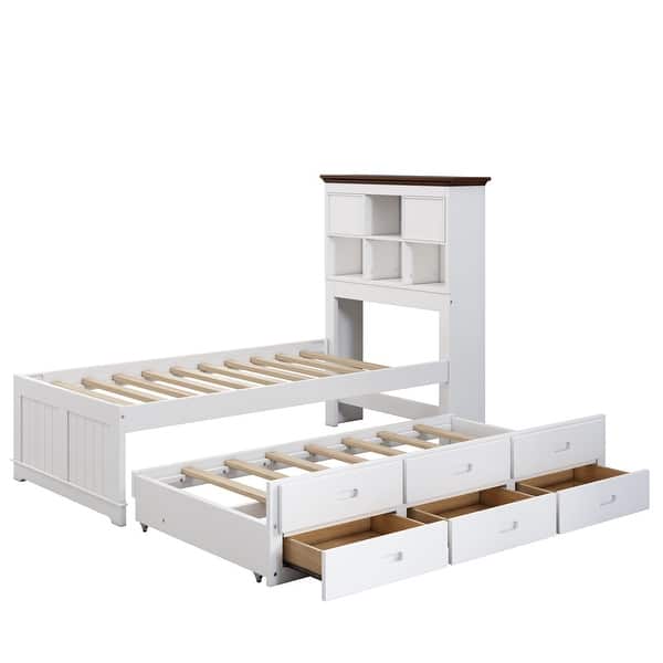 slide 2 of 10, Twin Size Captains Bed, Quarte Casual Twin Platform Bed, Black White+Walnut - Twin
