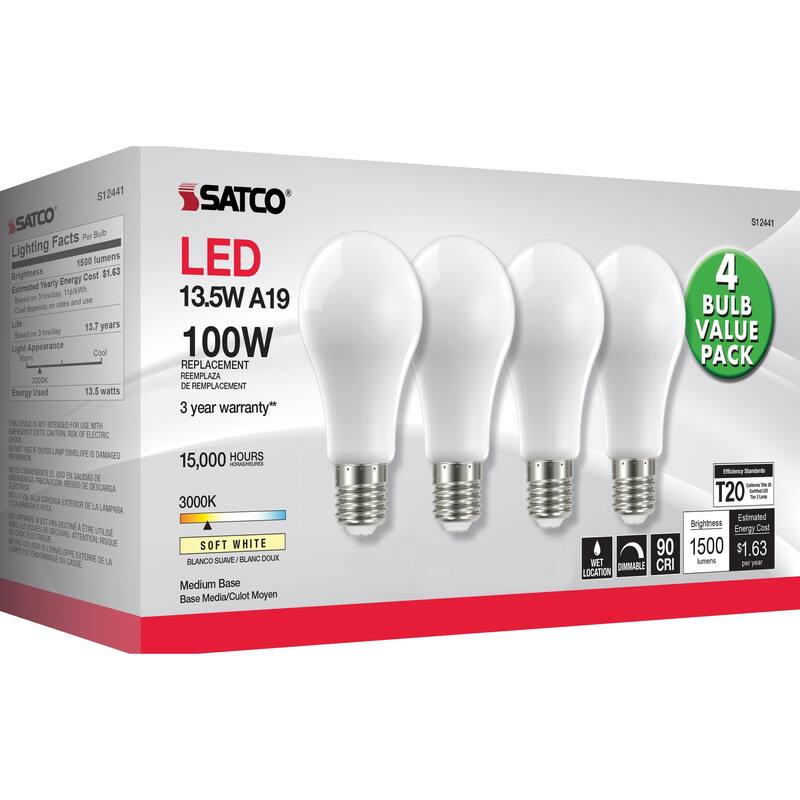 13.5 Watt A19 LED 100 Watt Replacement Soft White Medium base 3000K 120 Volt 4-Pack - Soft White