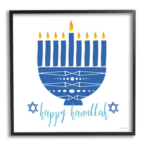 Stupell Industries Happy Hanukkah Patterned Blue Menorah Framed Giclee Art by Yass Naffas Designs