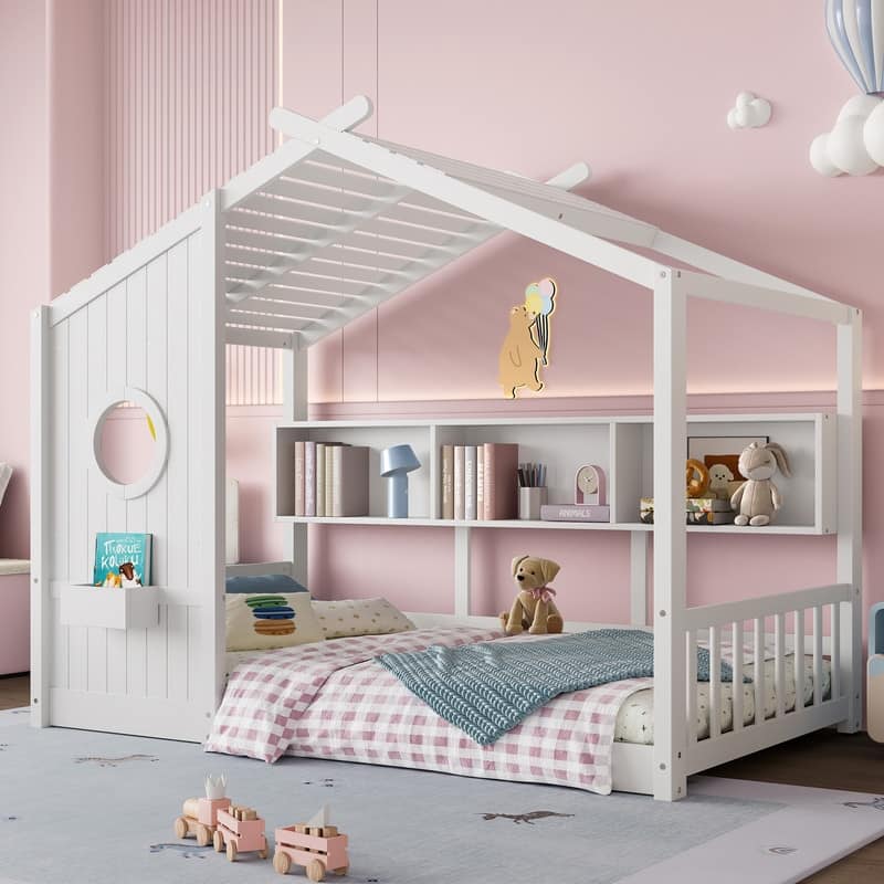 Twin Size Floor House Bed,Kids Bed with Storage Shelf, Playhouse Bed