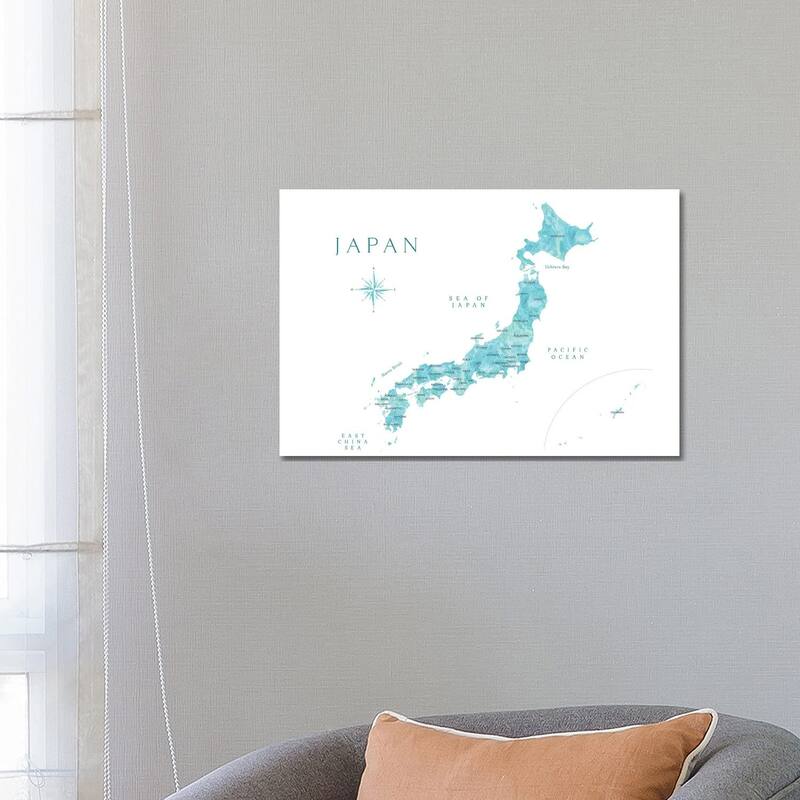 iCanvas "Map Of Japan In Aquamarine Watercolor" by blursbyai Canvas Print - 18x26x1.5