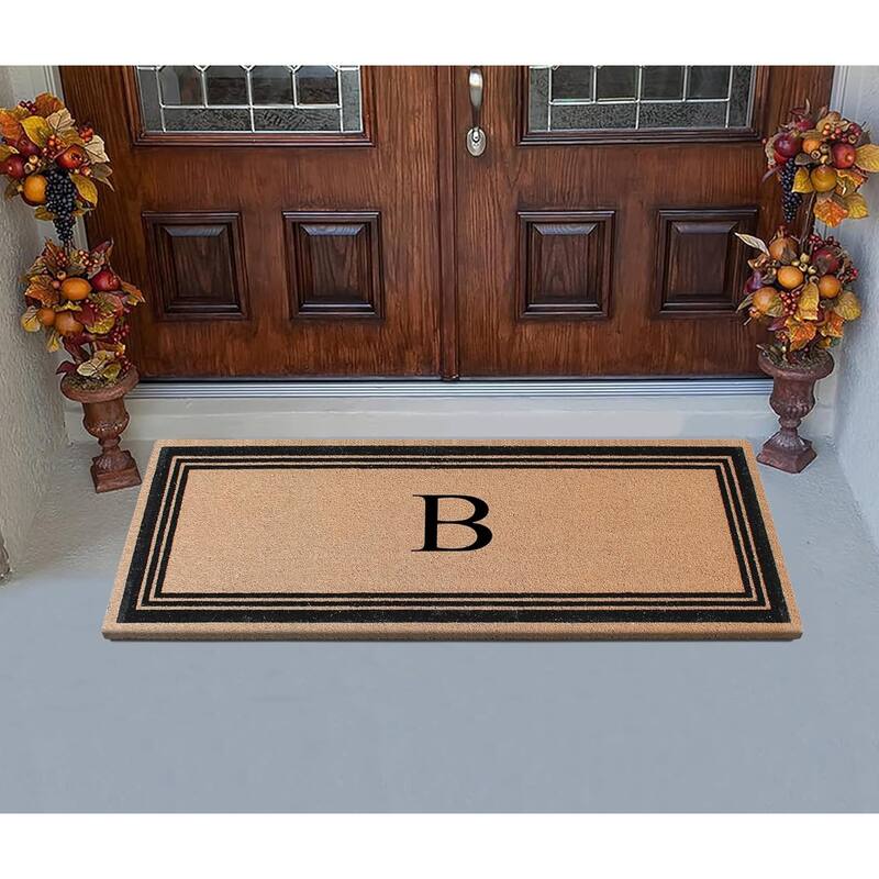 A1HC Natural Coir Monogrammed Flock Anti shed Treated Durable Doormat BlackBeige
