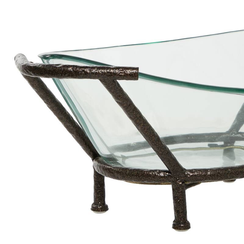 Tempered Glass Kitchen Serving Bowl with Brown Metal Base - Clear - Roche River Decor