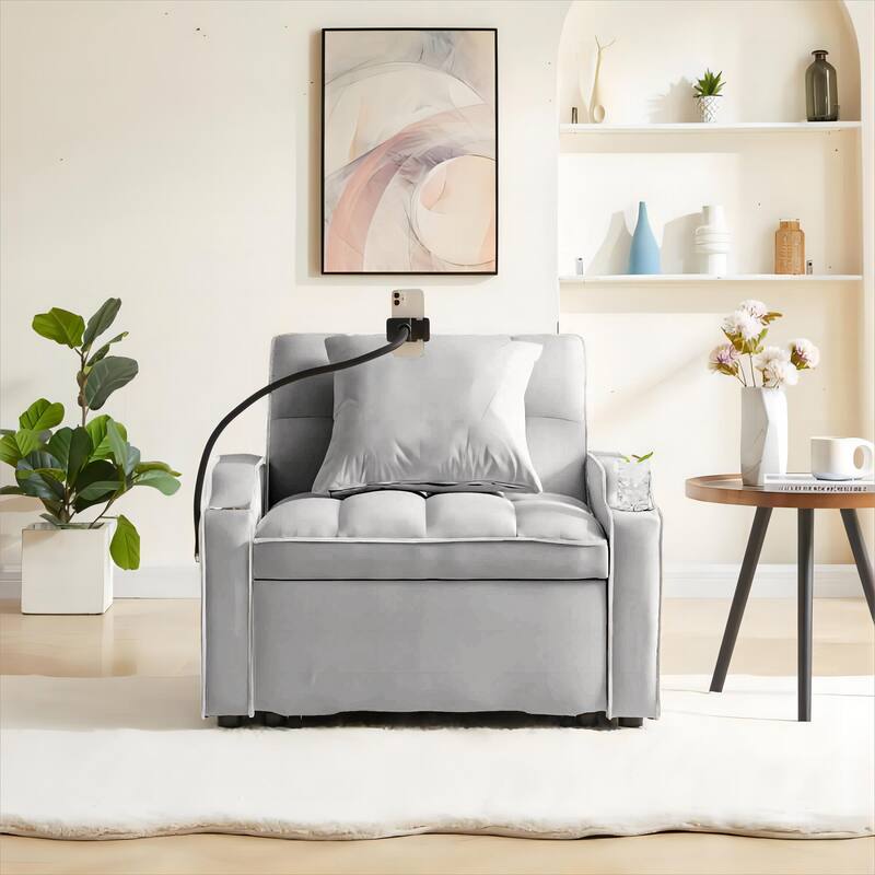 3-in-1 Convertible Single Sofa Chair Bed, Pull Out Sleeper Chair with Adjustable Backrest, Chaise Lounge with Phone Holder & USB