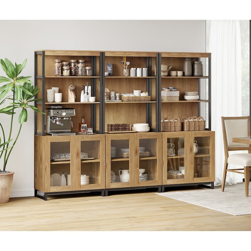 3 PCS Modern 72" Sideboard with Glass Doors and Adjustable Shelves, Multifunctional Buffet for Dining Room or Kitchen - 72inches - Oak