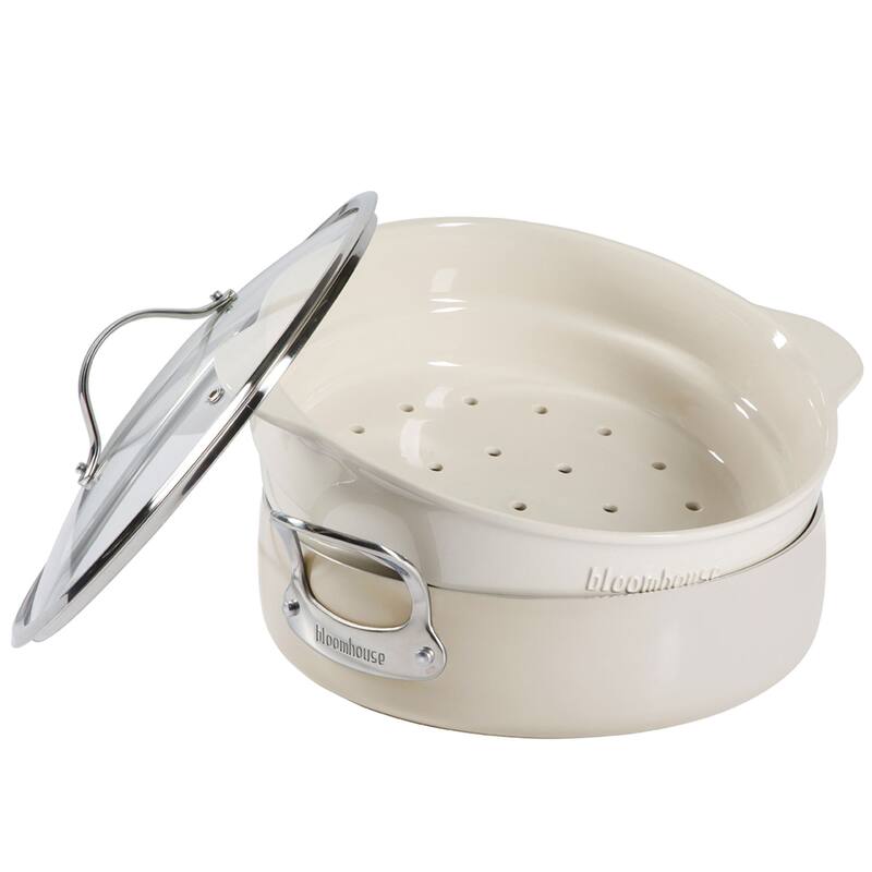 Bloomhouse 6-QT Aluminum Enamel Everyday Pan w/Non-Stick Non-Toxic Ceramic Interior and Ceramic Steamer Insert - White