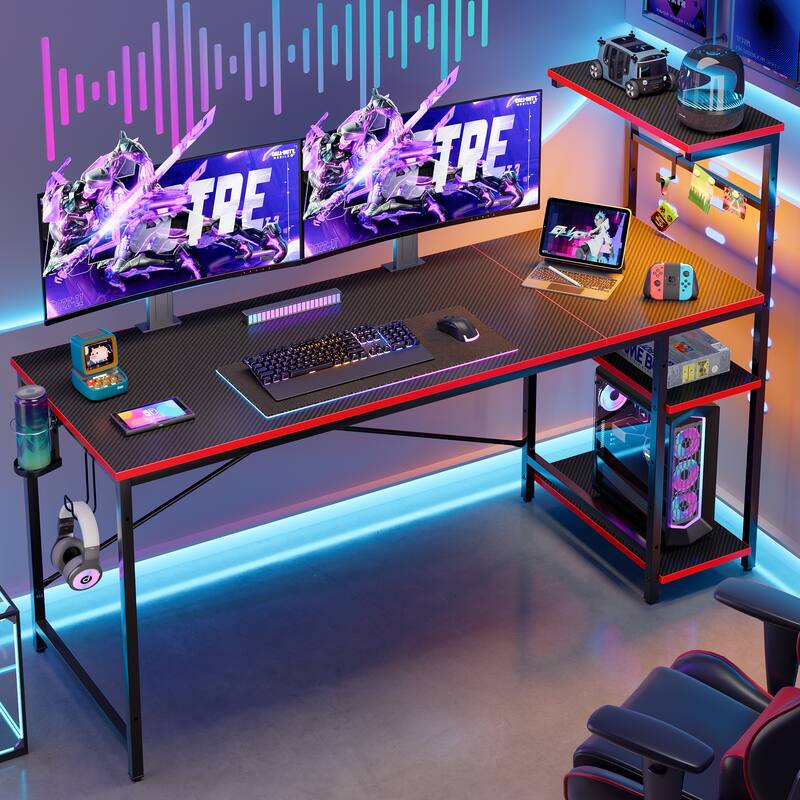 Bestier 61 in. Rectangular Gaming Desk with RGB LED Lights Computer Desk with 4 Tier Storage Shelves and Hook