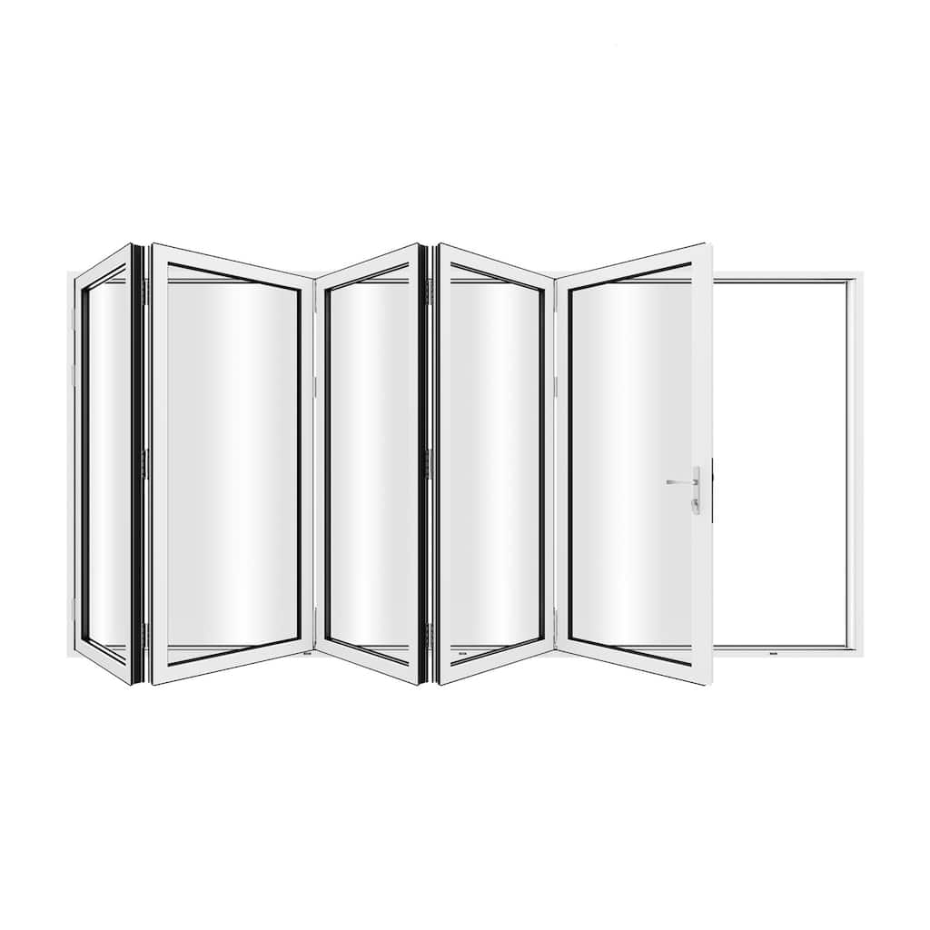 KaMic 168"×96" 5 Panels Aluminum Folding Door In White,Folded Out From Right To Left Model #:FD5PWH16896-RL