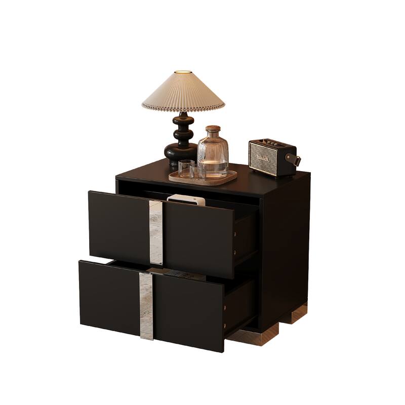 Elegant Nightstand with Metal Handle, Mirrored Bedside Table with 2 Drawers for Bedroom, Living Room, Black