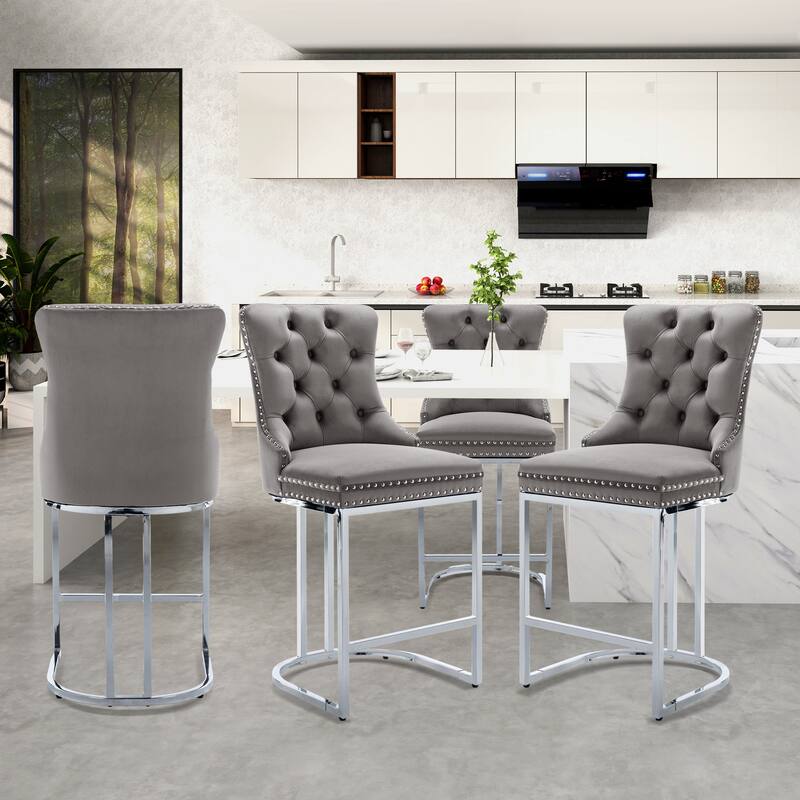 Modern Velvet Upholstered Barstools with Metal Base Leg