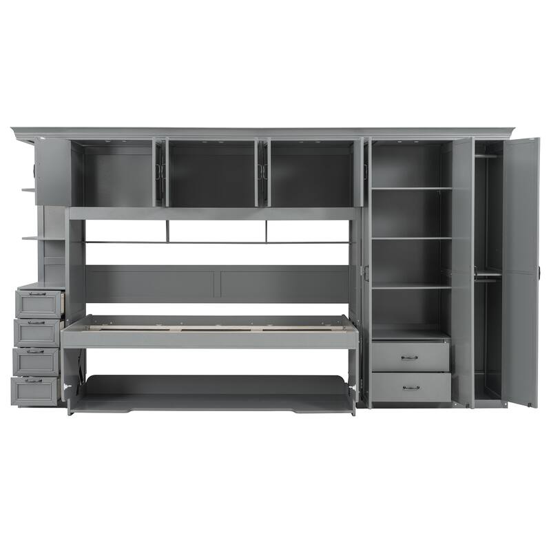 Twin Size Murphy Bed Wood Wall Bed with Wardrobe Desk Cabinet and Drawers, Murphy Bed with Workstation for Studio Apartment