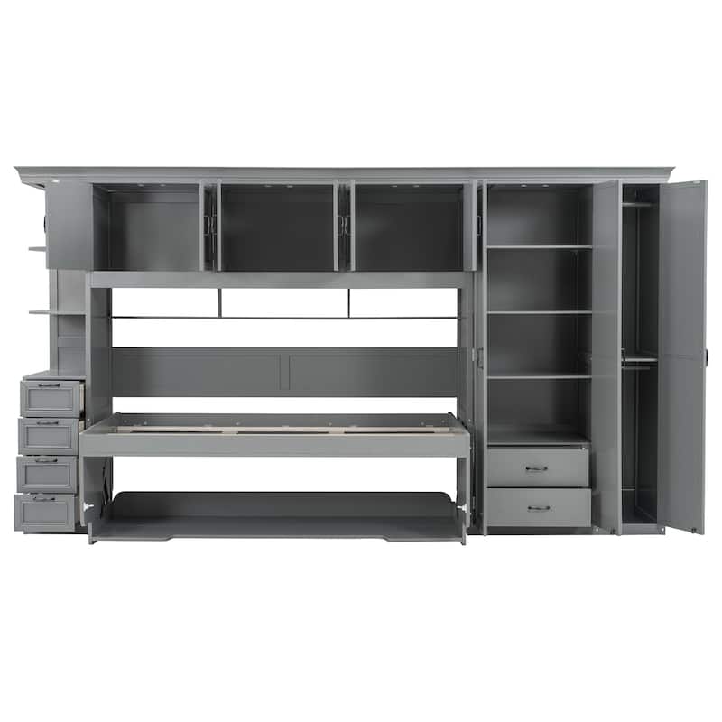 Versatile Twin Size Murphy Bed Fold-down Storage Wall Bed with Temporary Desk, Top Cabinets, Side Wardrobe, Drawers and Shelves
