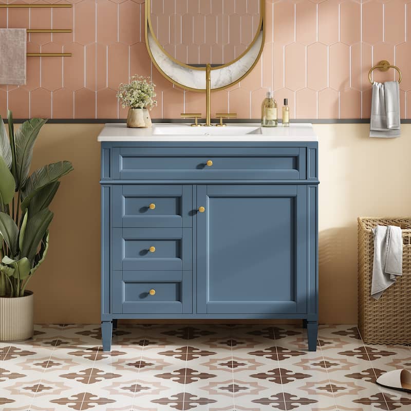36"Bathroom Vanity with Top Sink, Bathroom Storage Cabinet with 2 Drawers and a Tip-out Drawer, Single Sink Bathroom Vanity - Indigo Blue