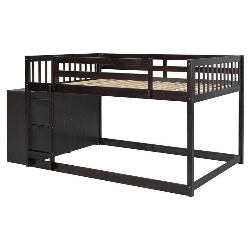 Twin Over Twin/Full Over Full Floor Bunk Bed with Drawers and 3 Storage Shelves, Solid Wood Low Bunk Bed Frame with Ladder