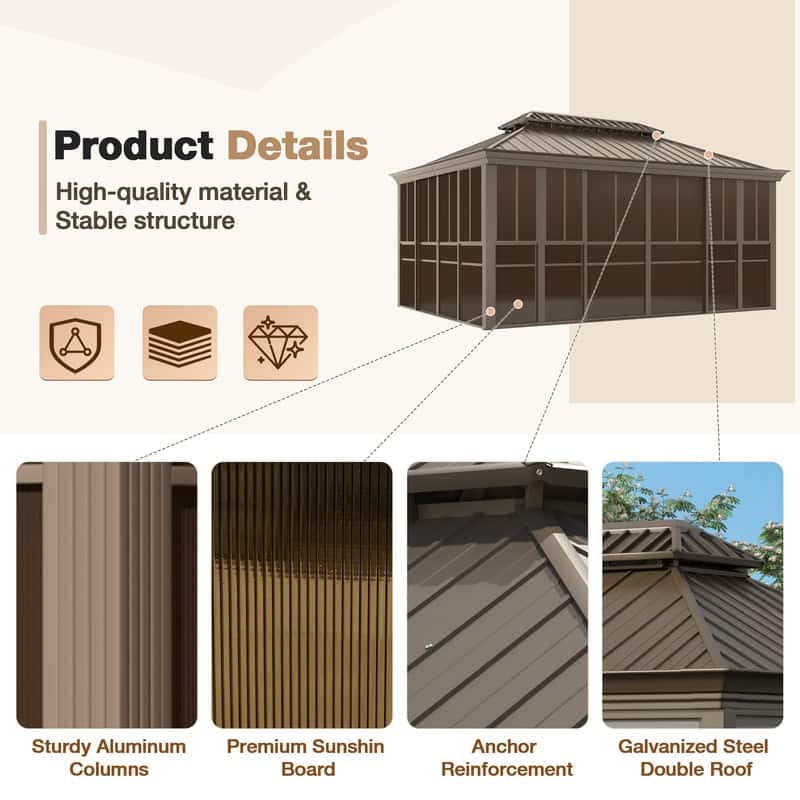 Hardtop Sunroom with Double Steel Roof, Sliding/Lockable Doors & Screens - All-Season Rustproof Aluminum Frame,Advanced Drainage