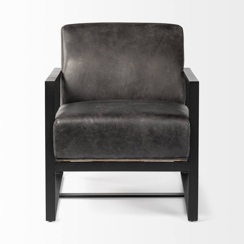 Stamford Black Genuine Leather w/ Light Brown Solid Wood Back & Black Iron Frame Accent Chair