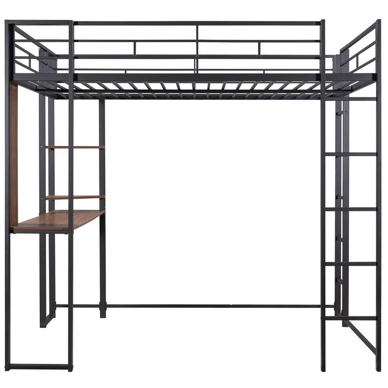 Full Size Metal Loft Bed with Shelves and Desk, Sturdy Steel Frame, Space-Saving Design