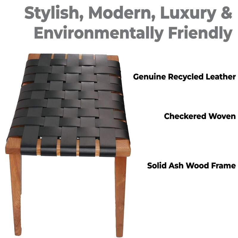 Aria Home Black Rene Genuine Leather Stool Bench Modern Accent Seat