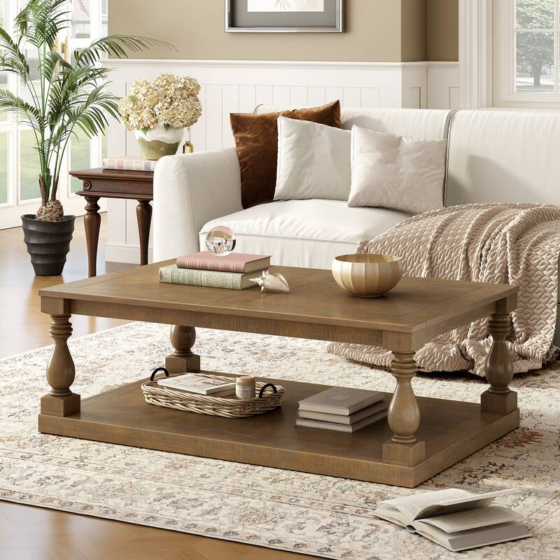 2-Tier Storage Coffee Tables with Vase Column Legs,Antique Wood Coffee Table Farmhouse 45" Rectangular Center Table