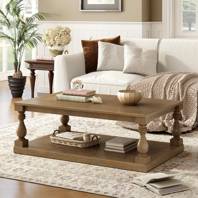 45.2*28.3 Inch Vintage Coffee Table with Bottom Shelf, Solid Wood Vase Column Legs