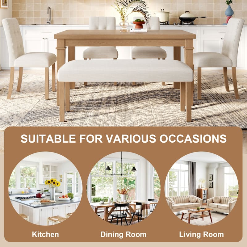 6 Piece Solid Wood Dining Table Set with Rectangle Dining Table, 4 Upholstered Chairs and 1 Bench for Dining Room
