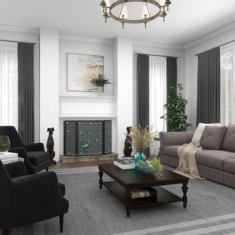 Blue Metal Rainbow 3 Panel Peacock Fireplace Screen with Crystal Accents and Black Frame