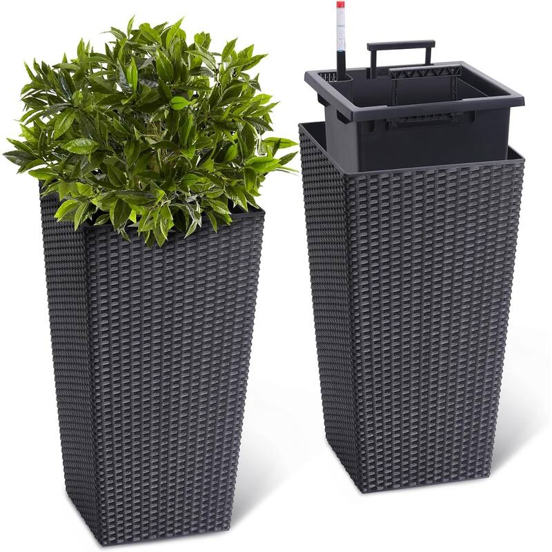 Planters Set of 2, Outdoor＆Indoor Planter Pots, Automatic Watering,High Front Porch Planter Pots - 23" Black