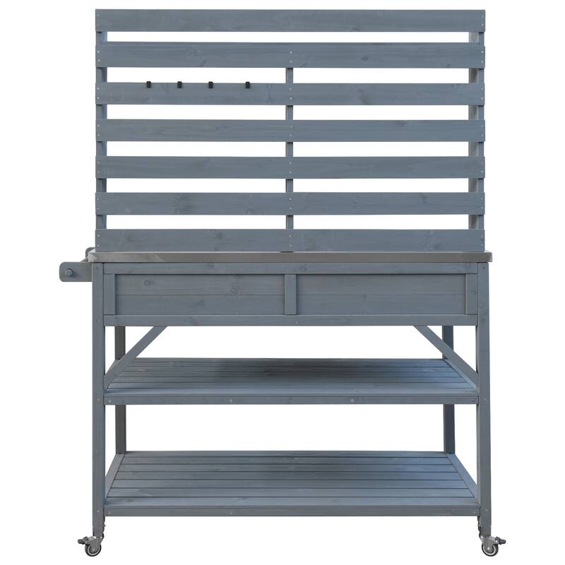 64.9"H Outdoor Potting Table with Lockable Wheels,Solid Wood Kitchen Island with Upper Hutch,Stainless Steel Top,Towel Rack