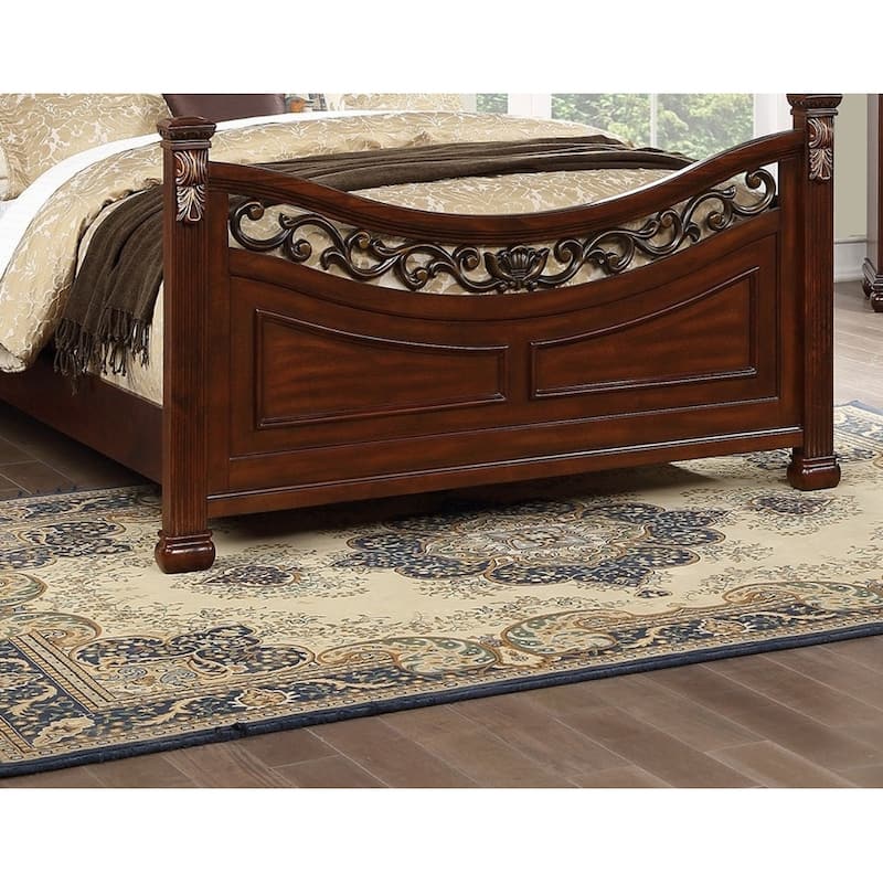 Traditional Style 1pc Bed Set Floral Design Bun Feet Carved Detail Dark Cherry Finish