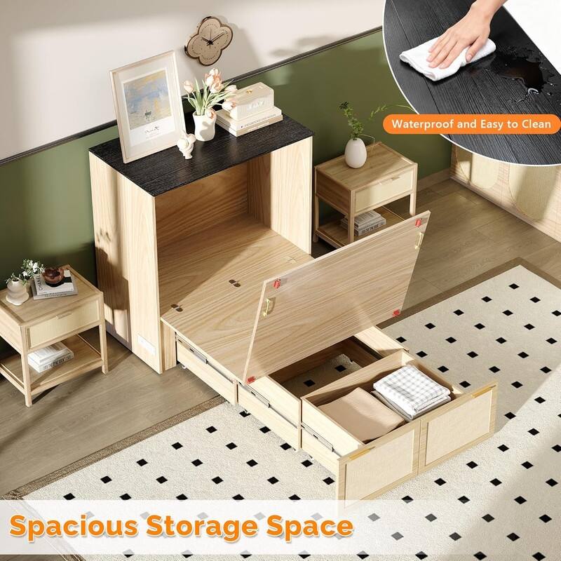 Rattan Murphy Bed with Storage Drawer, Space-Saving Cabinet Bed for Kids,Adults and Guests,Beige