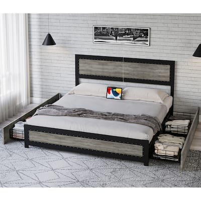 Bed Frame With 4 Storage Drawers and Charging Station