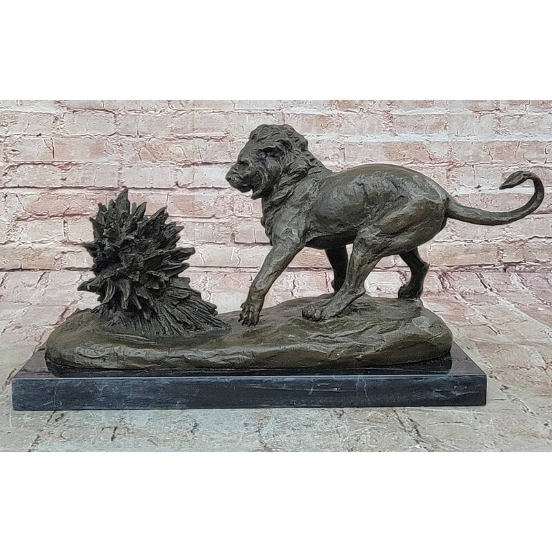 Imitative Lion Vs. Porcupine Bronze Statue Sculpture Wildlife Art Decor On Marble Base