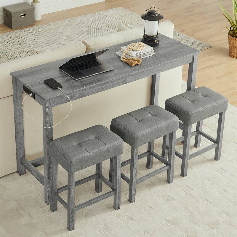 59" Counter Height Bar Table Set with Power Outlet, Industrial Breakfast Table with 3 Stools, 4 Piece Bar Table and Chairs Set