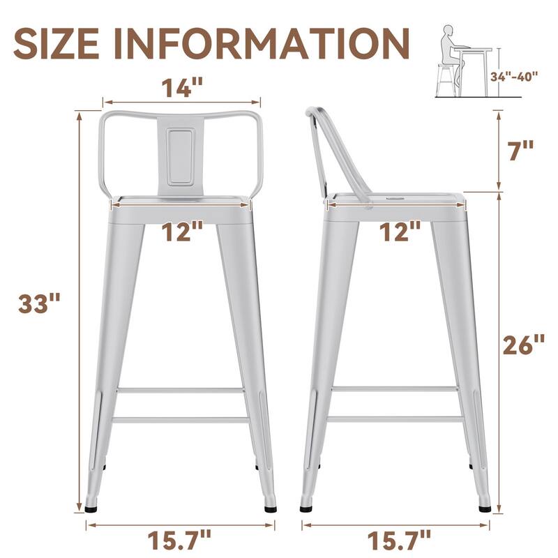 Metal Counter & Bar Stools Set of 4, 26" and 30" Seat Height Barstools with Metal Frame and Low Back for Kitchen lsland