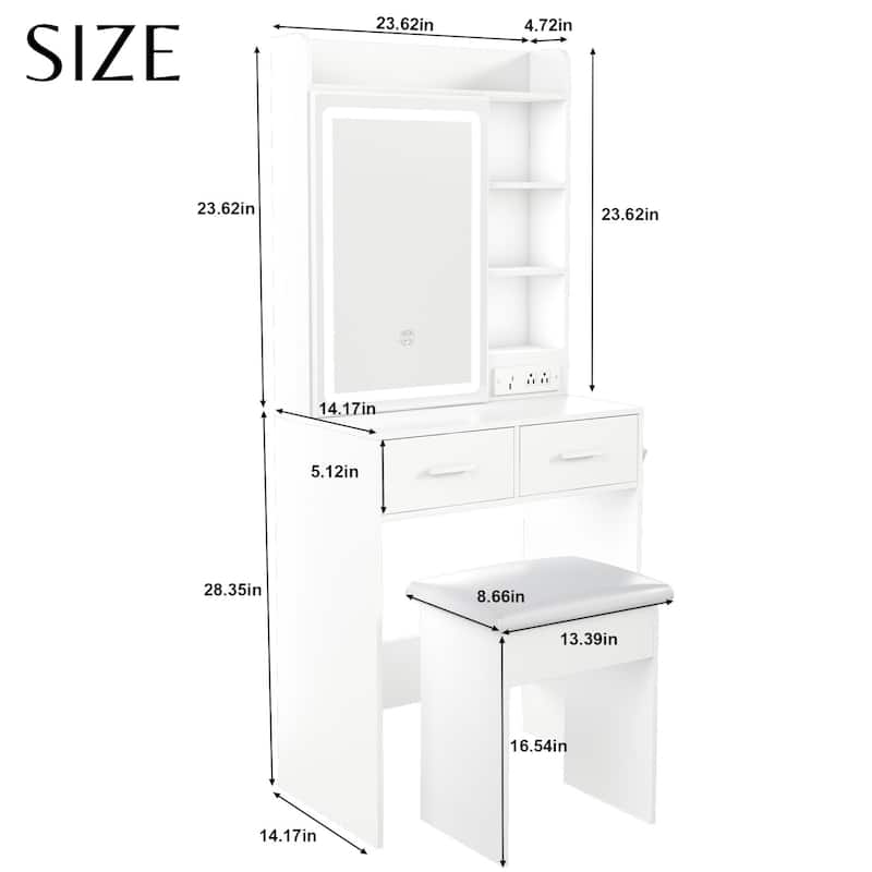 KISRAIS 23.62" Small Size Vanity Desk with Brightness Adjust LED Mirror, Cushioned Stool, Power Station, and Hair dryer bracket