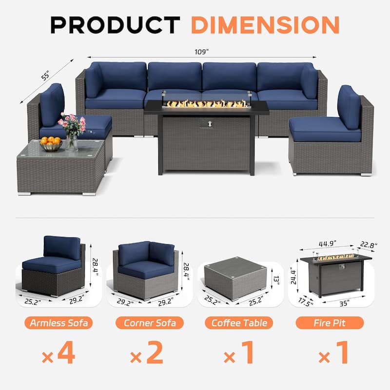 7-piece Outdoor Patio Grey Wicker Rattan Cushioned Sectional Sofa Conversation Set