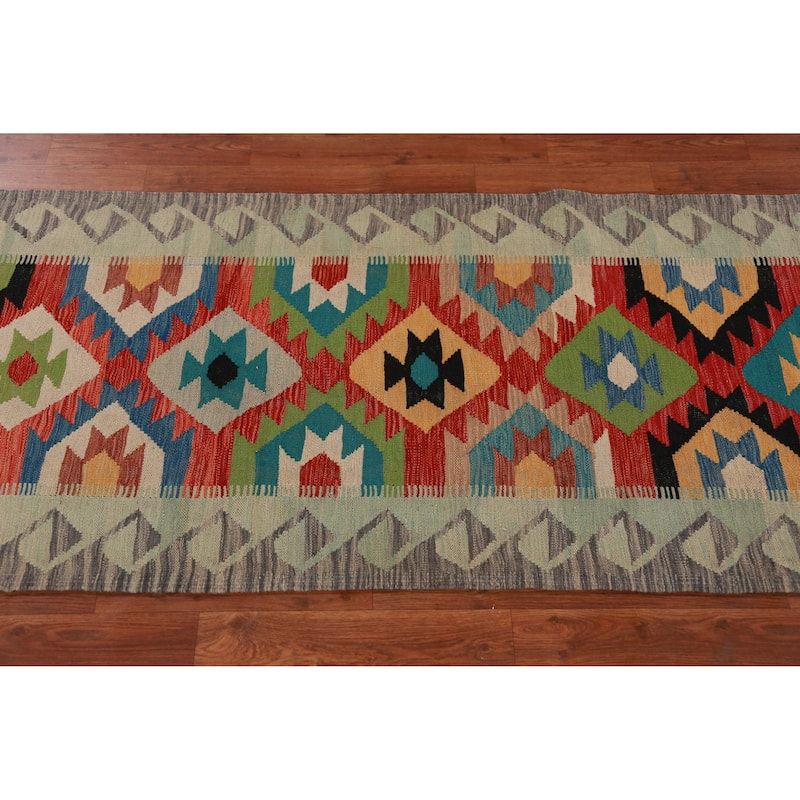 Hand Woven Oriental 100% Wool Carpet Southwestern All-Over Multi-Colored Kilim Runner Rug - 12' 10'' X 2' 7''