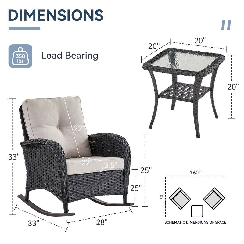 Gymojoy Patio Furniture Set PE Wicker Rocking Chairs & Side Table