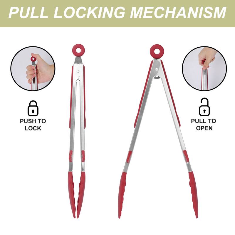 Kitchen Tong Set for Cooking Stainless Steel Tongs Stands Silicone 2Pcs Burgundy