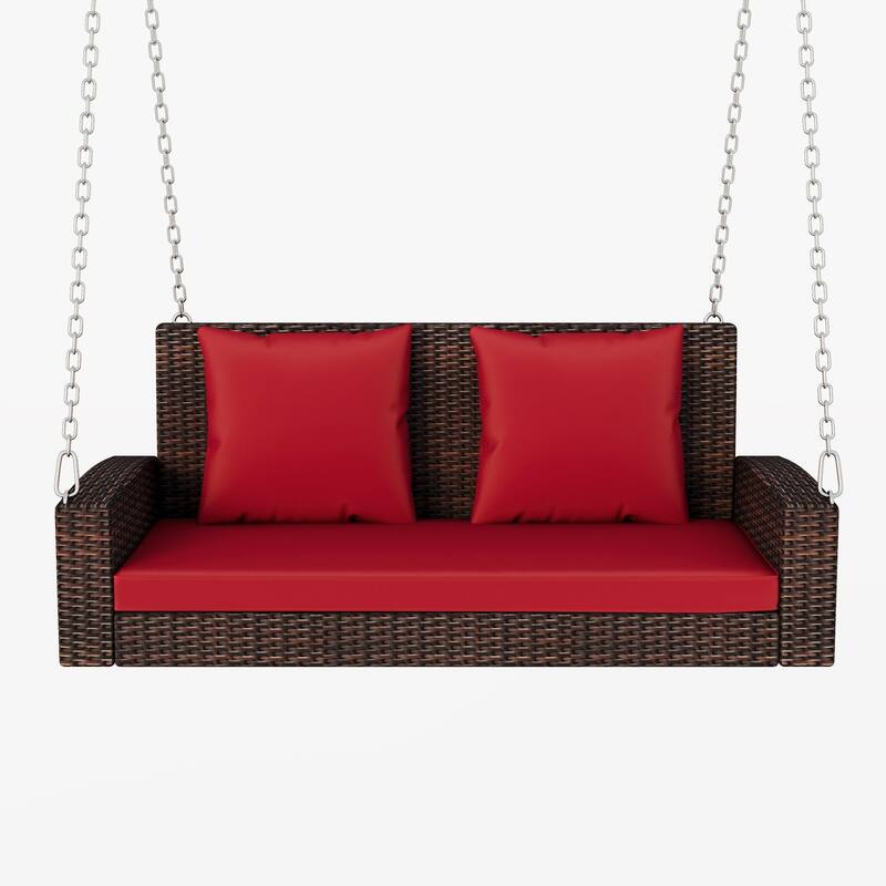 Outdoor Patio 2-Person Wicker Hanging Rattan Porch Swing with Chains, Cushion, and Pillow - 50" x 20" in.