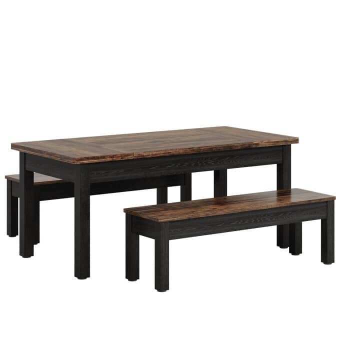 Wood Dining Table Set, 55-Inch Kitchen Table with 2 Benches for 4-6