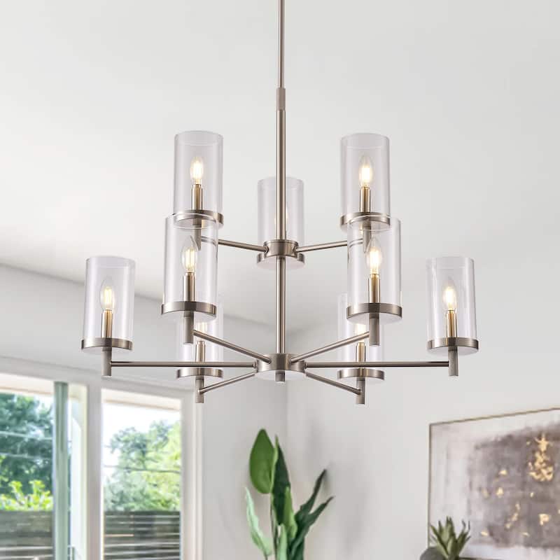 Modern 9-Light Brushed Nickel Candle Chandelier with Clear Glass Shades