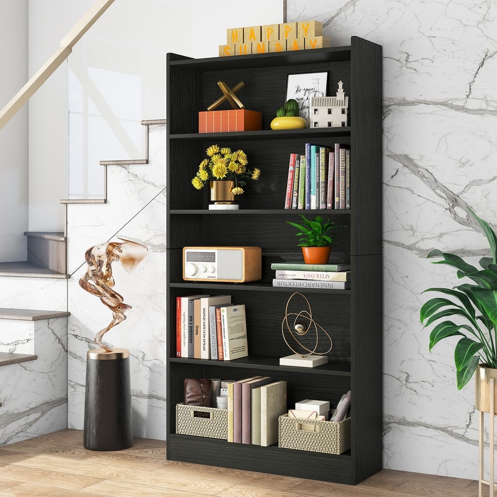 72-inch Bookcase, Modern 6-Tier White Bookshelf, Wood Display Shelf