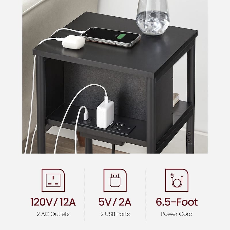 Side Table with Charging Station, 3-Tier End Table with USB Ports and Outlets, Nightstand for Living Room, Bedroom