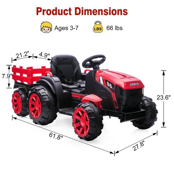 dimension image slide 2 of 3, Kids Ride On Tractor with Trailer, 12V Battery Powered Electric