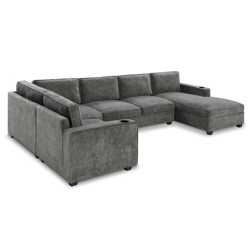 119*67" Chenille Upholstered U-Shaped Corner Sectional Sofa with Oversized Chaise Lounge and Cup holder