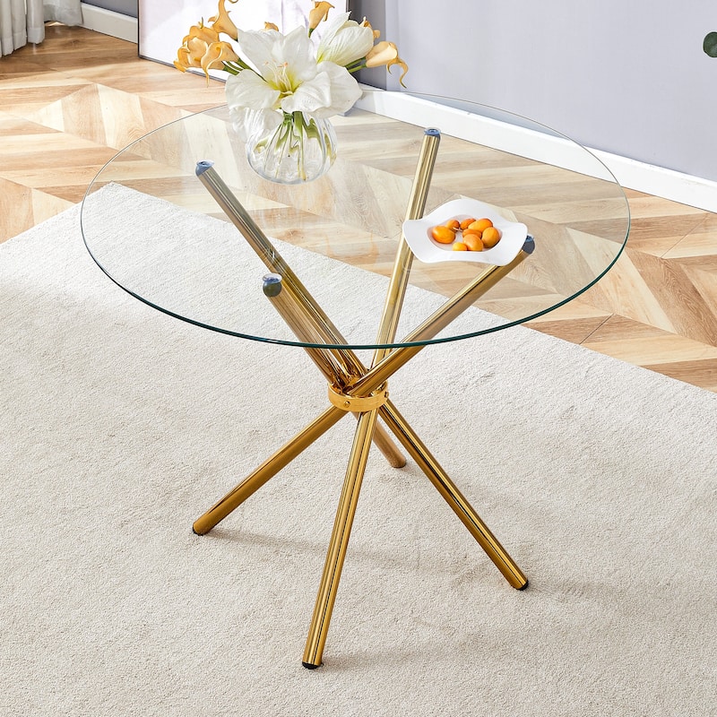 Roomfitters Clear Glass Dining Table for 4-6 with Ring-Shaped Silver Metal Legs for Kitchen or Work Space - Gold