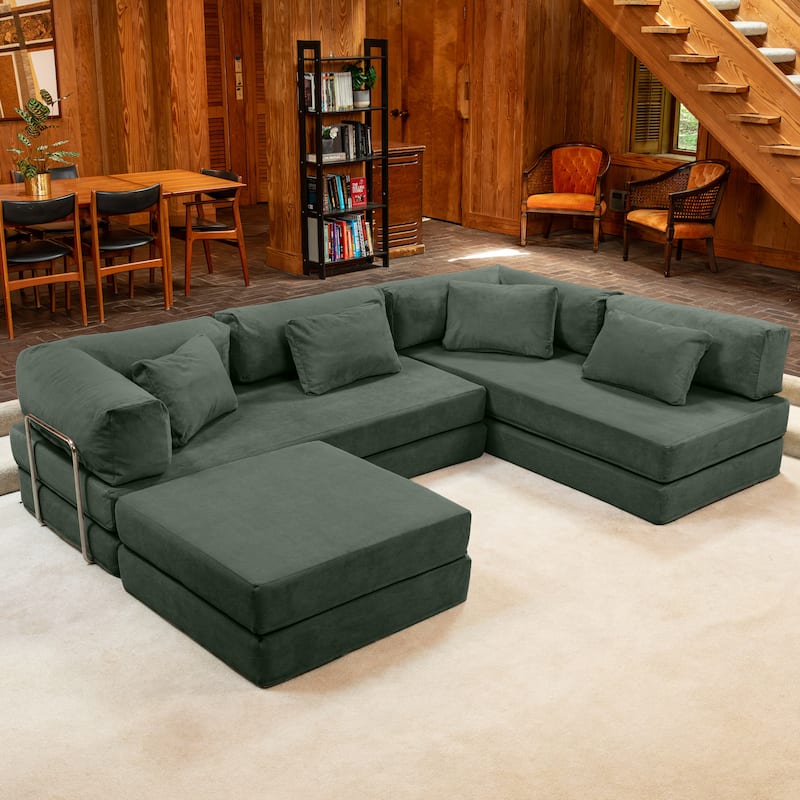 Jaxx Unsofa Modular Convertible Sectional Sofa with Fold Out King Sleeper Bed - U-Shaped Sectional. - Corduroy Forest Dark Green